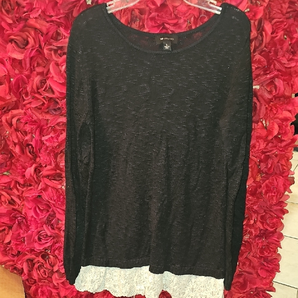 AB Studio Women's Black Sweater With Lace Detail Size Large